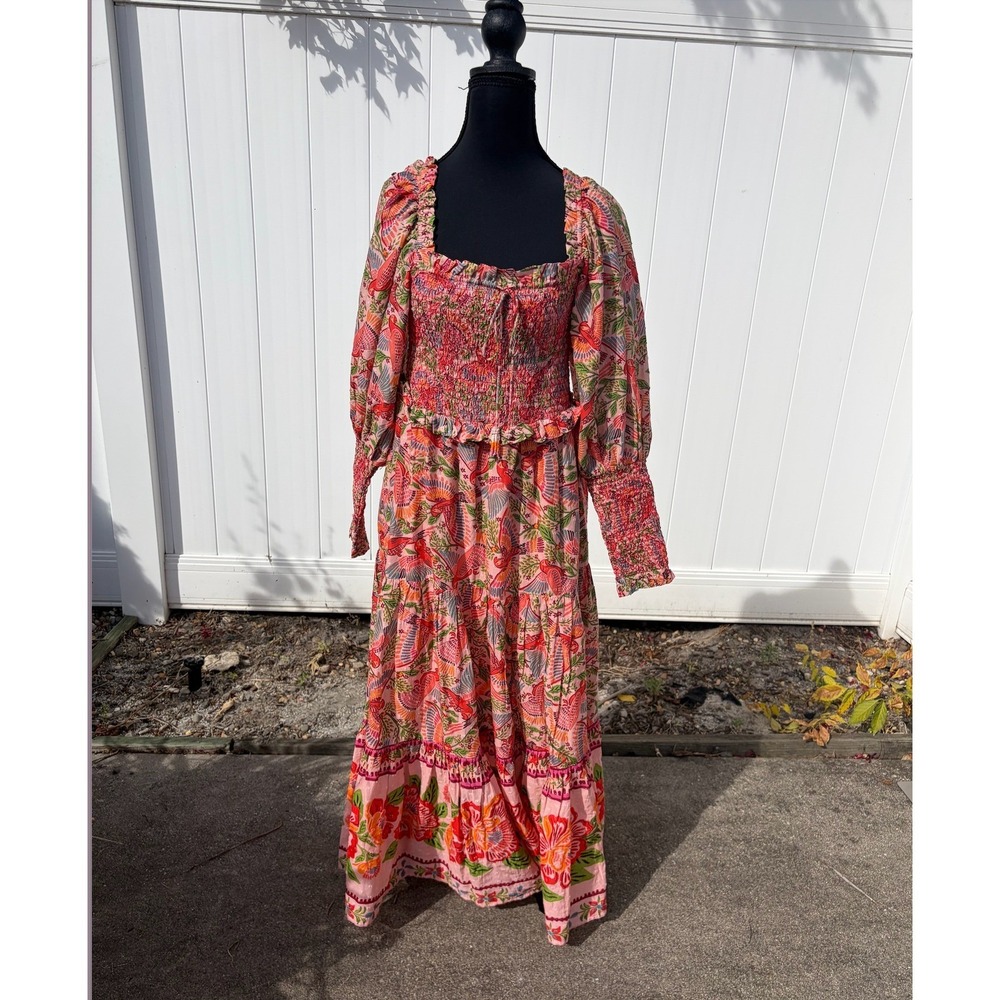 Farm Rio Pink Tropical Bird Smocked Tiered Maxi Dress Long Sleeve Womens Medium